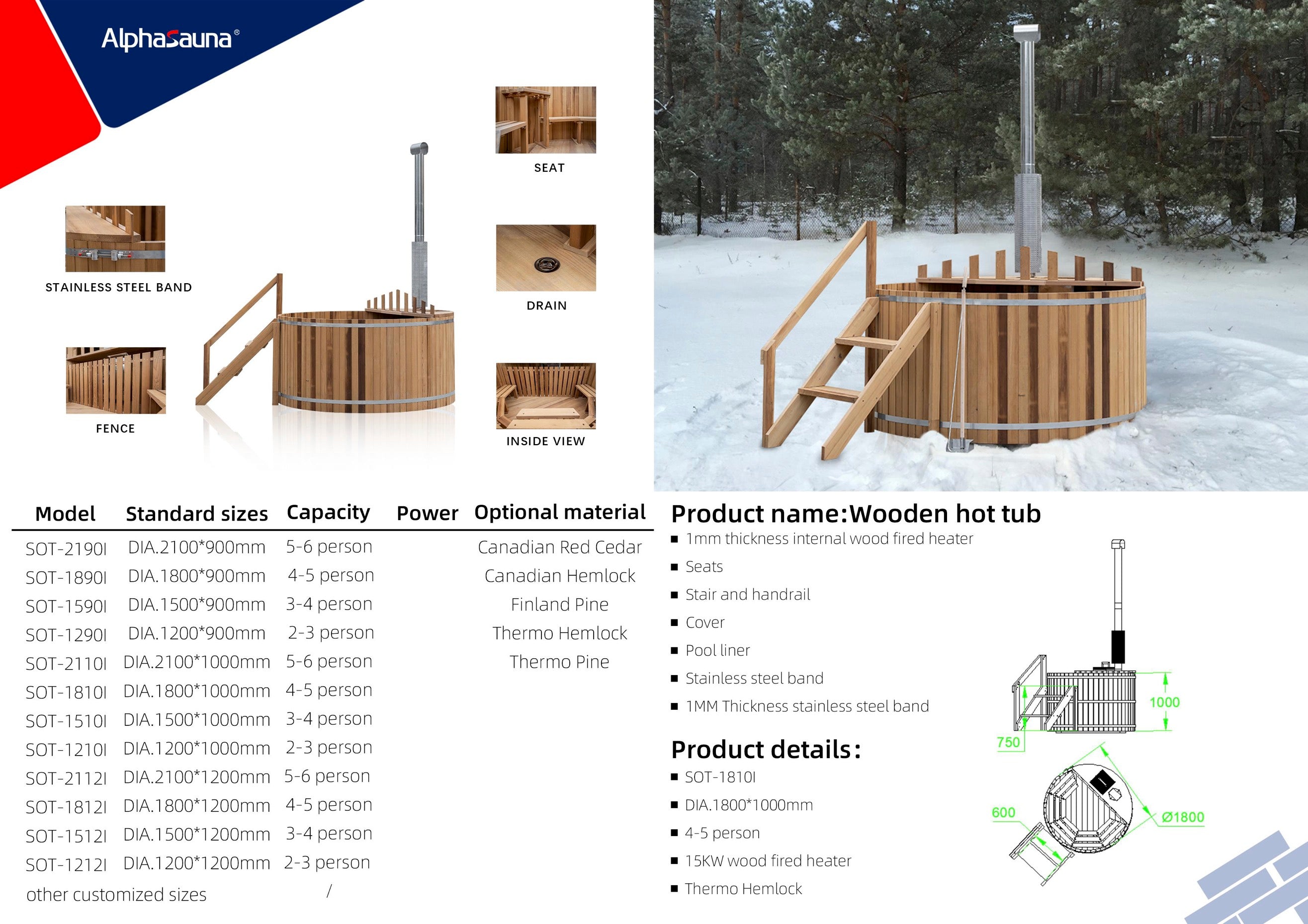 AlphaSauna Internal Wood Fire Hot Tub SOT-1510I